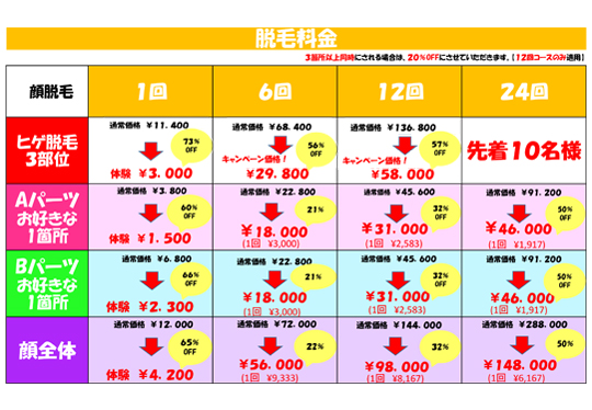顔の脱毛の価格表